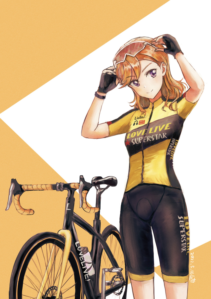 1girl, arms_up, bicycle, bike_jersey, bike_shorts, black_gloves, black_shorts, breasts