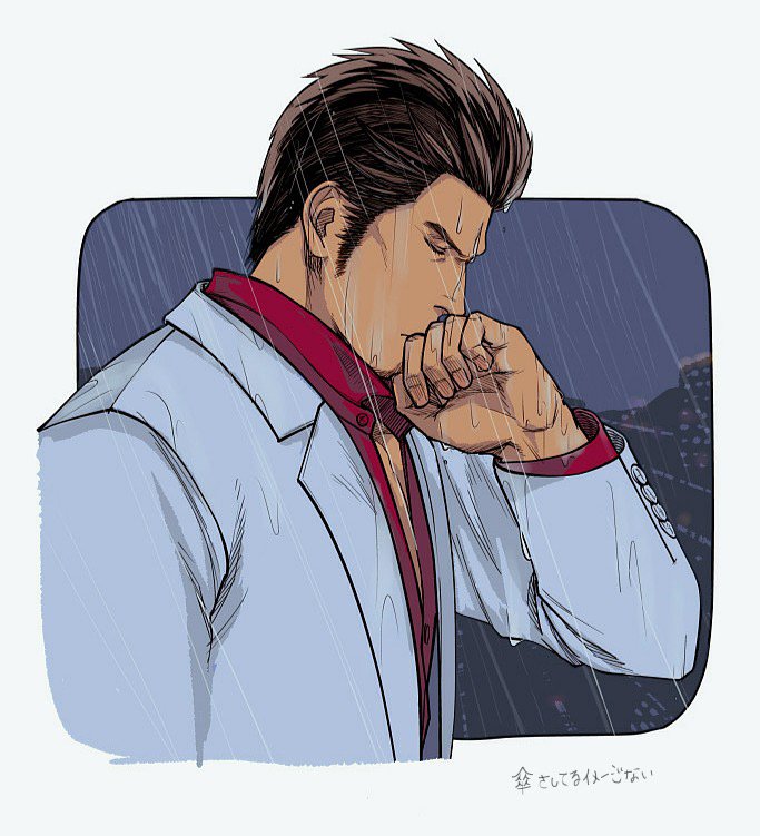 1boy, black_hair, cityscape, closed_eyes, commentary_request, grey_jacket, hand_to_own_mouth, jacket