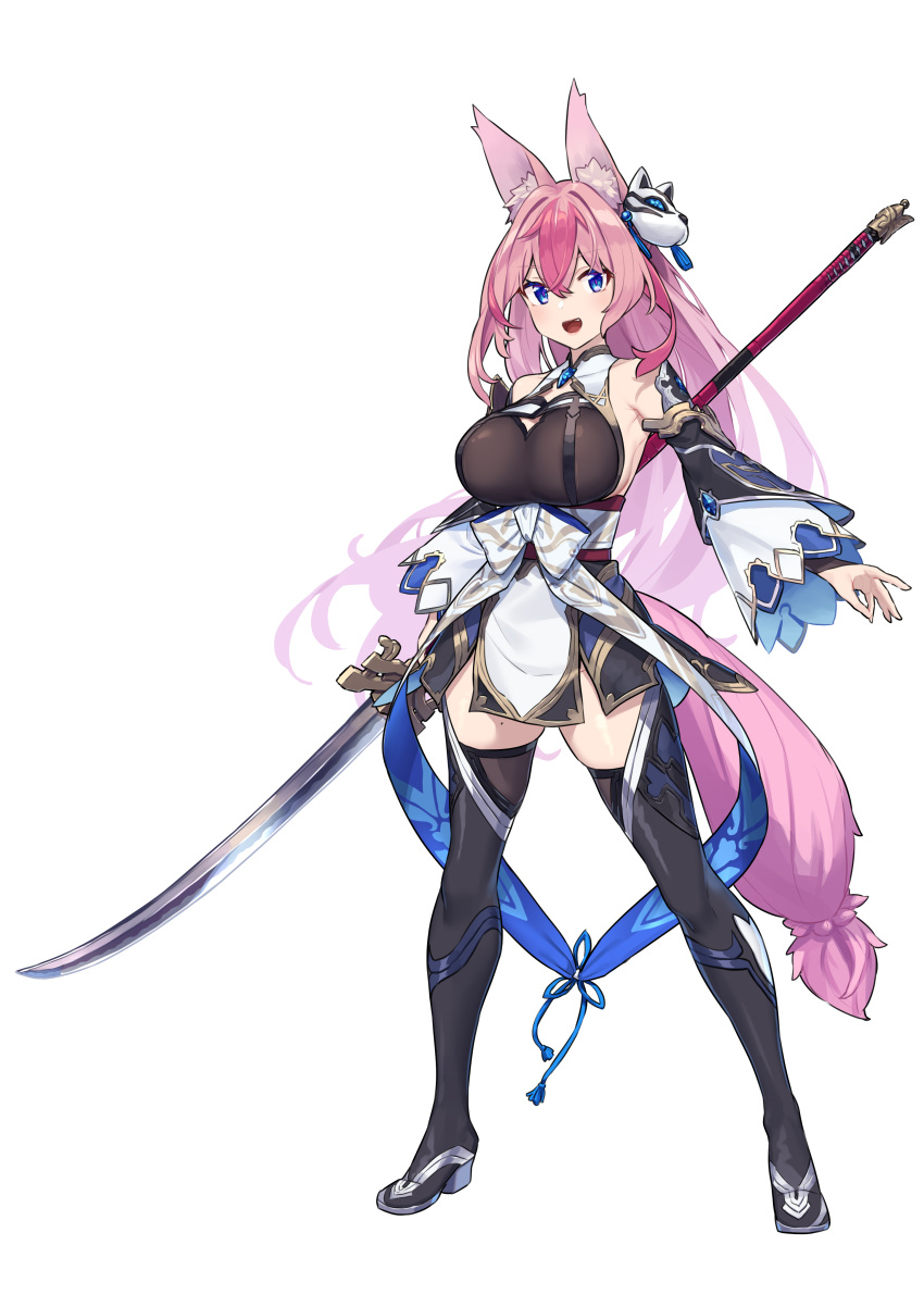 1girl, absurdres, animal_ears, baffu, bare_shoulders, blue_eyes, breasts, commentary_request