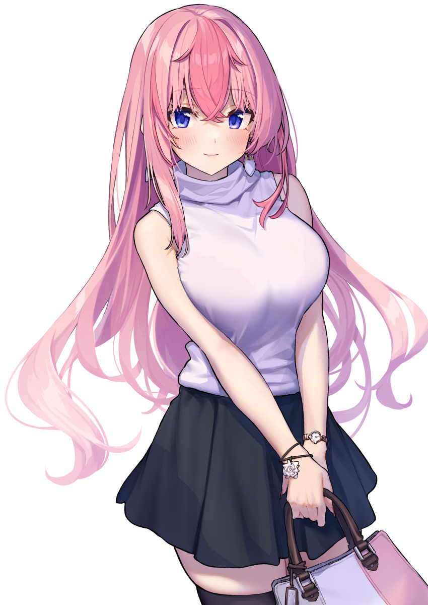 1girl, absurdres, baffu, bag, bangs, bare_shoulders, black_legwear, blue_eyes, blush, breasts, closed_mouth, hair_between_eyes, hanayono_menora, handbag, highres, holding, holding_bag, indie_virtual_youtuber, large_breasts, long_hair, looking_at_viewer, own_hands_together, pink_hair, simple_background, skirt, smile, solo, standing, thigh-highs, turtleneck, virtual_youtuber, watch, white_background, zettai_ryouiki