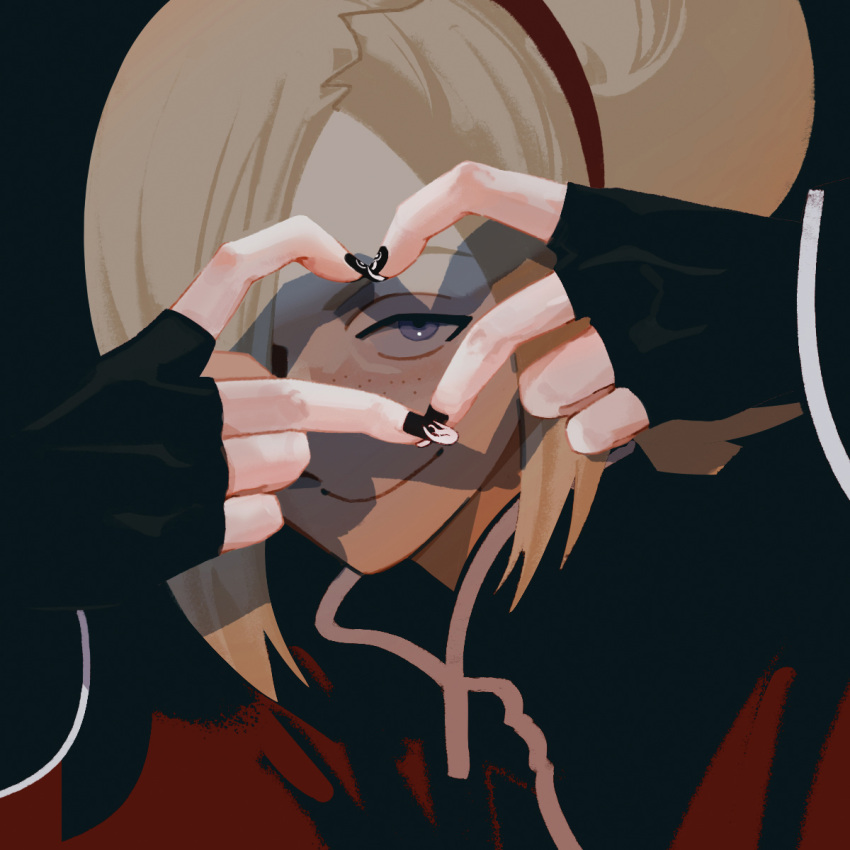 1boy, ash_crimson, bangs, black_background, black_gloves, black_nails, closed_mouth, fingerless_gloves, gloves, grey_eyes, hair_over_one_eye, heart, heart_hands, hexermer, highres, looking_at_viewer, male_focus, short_hair, simple_background, smile, solo, the_king_of_fighters, upper_body, white_hair
