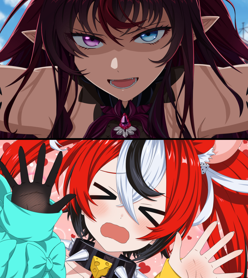 >_<, animal_ears, bangs, black_hair, blush, gardavwar, hakos_baelz, heterochromia