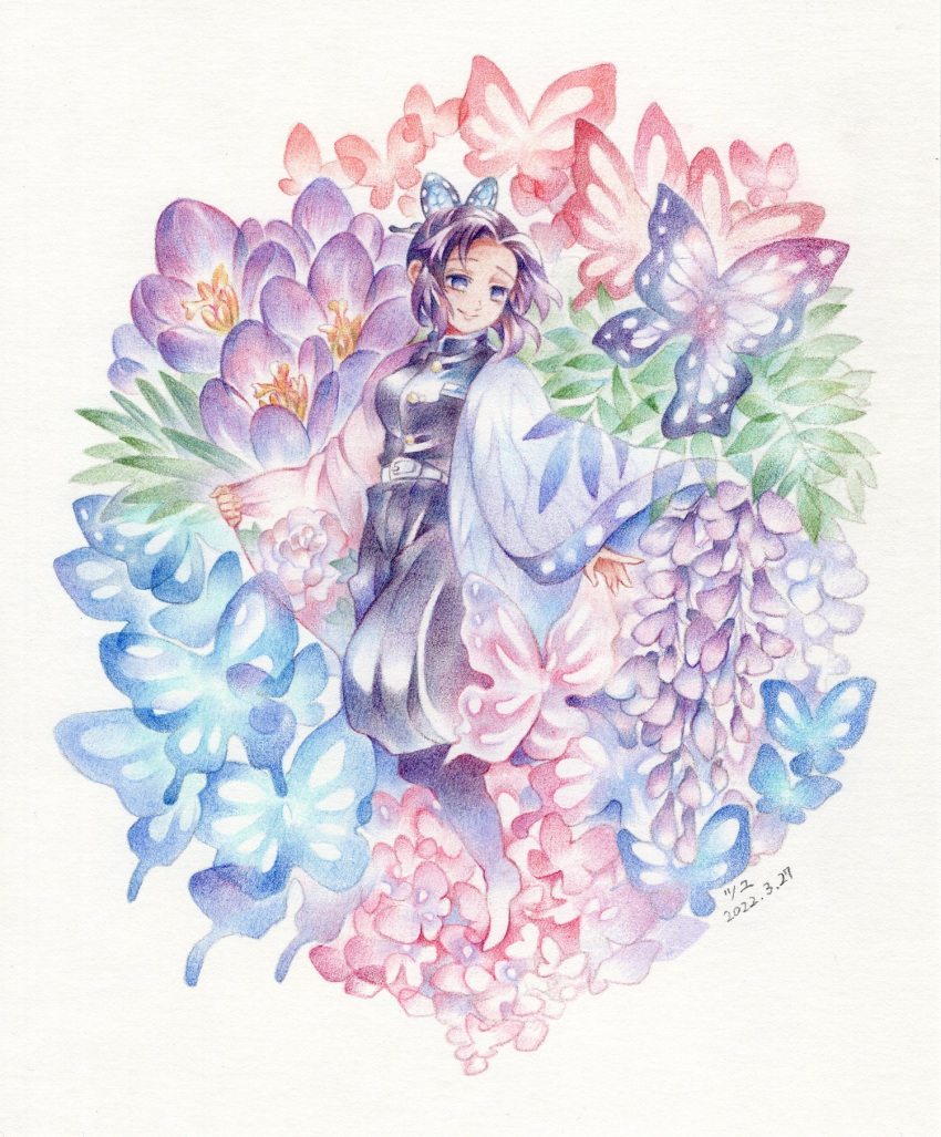 1girl, adapted_costume, animal, asymmetrical_clothes, bangs, belt, black_pants, blue_butterfly