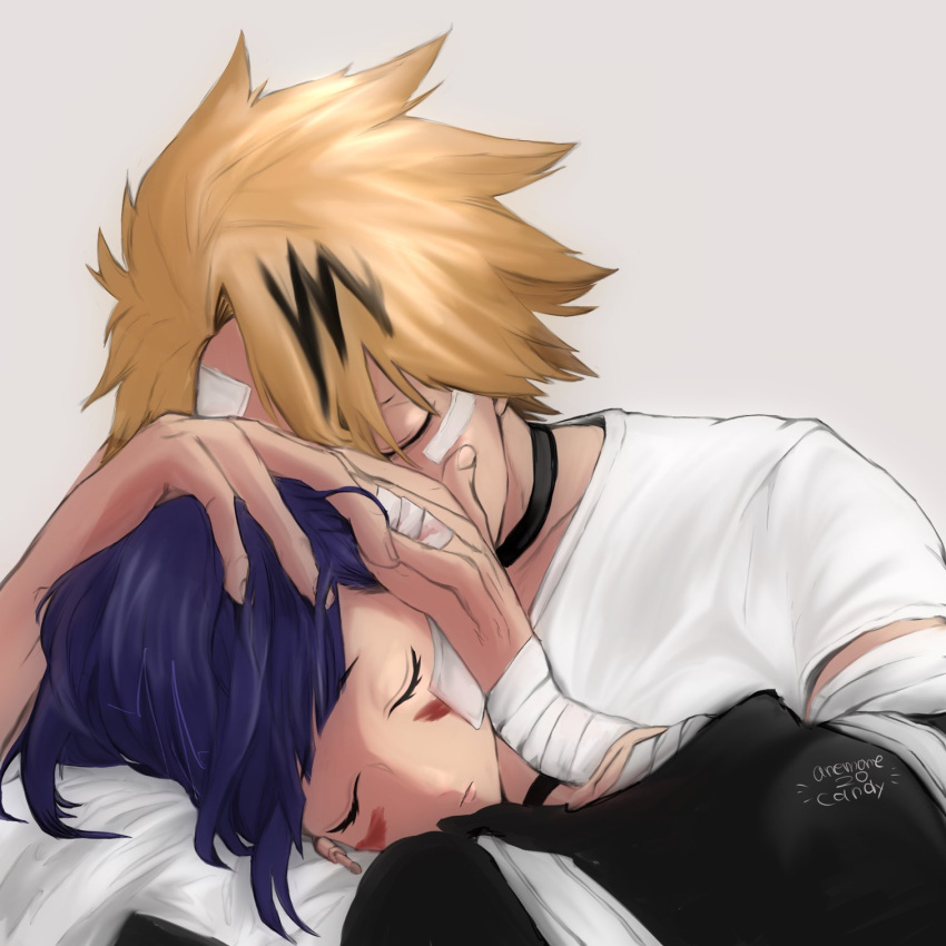1boy, 1girl, anemone_mama, bandages, bed, black_hair, black_shirt, blonde_hair, boku_no_hero_academia, choker, closed_eyes, couple, facepaint, grey_background, hand_on_another's_face, hand_on_another's_head, hetero, highres, hospital, hospital_bed, hurt, injury, jirou_kyouka, kaminari_denki, lying, shirt, short_hair, simple_background, sleeping, white_shirt