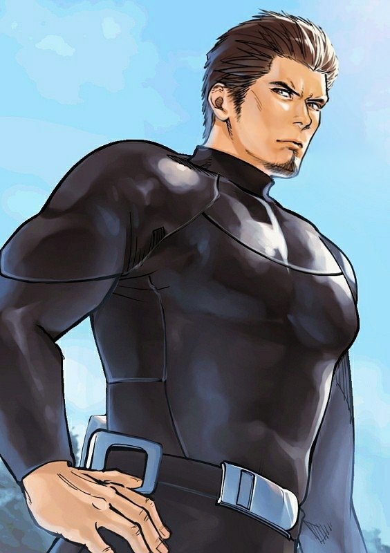 1boy, black_bodysuit, black_hair, blue_sky, bodysuit, cowboy_shot, diving_suit, hair_slicked_back