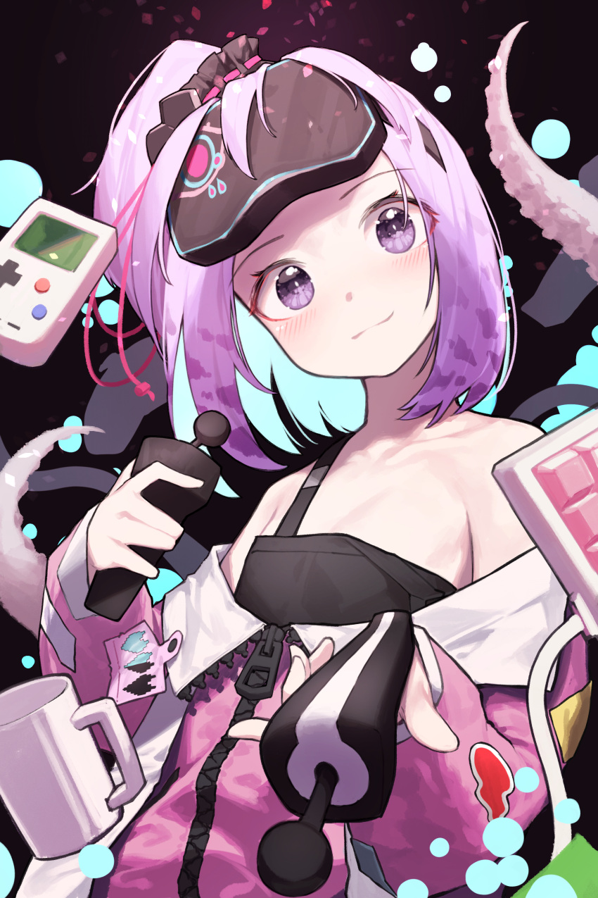 1girl, absurdres, arknights, beudelb, black_tank_top, collarbone, cup, game_boy