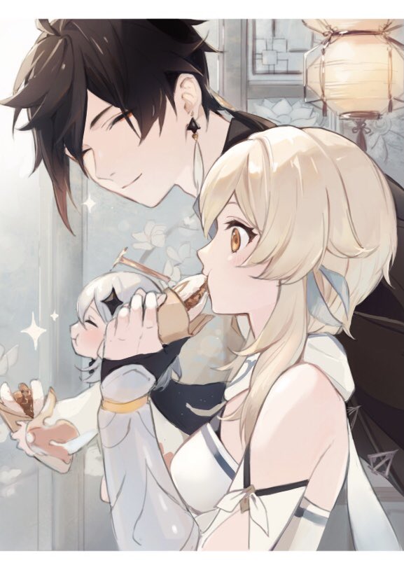 1boy, 2girls, antenna_hair, bangs, blonde_hair, blush, brown_hair, closed_mouth