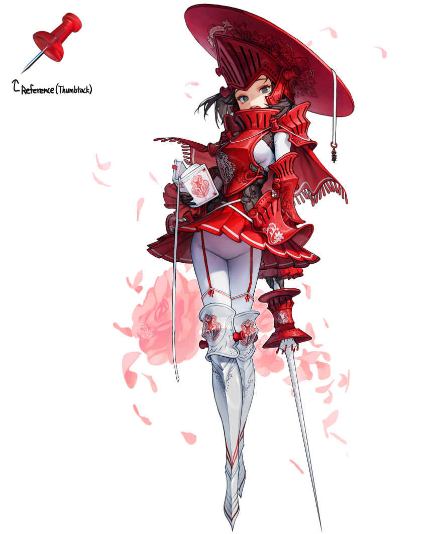 1girl, absurdres, armor, black_gloves, black_hair, book, flower, full_body