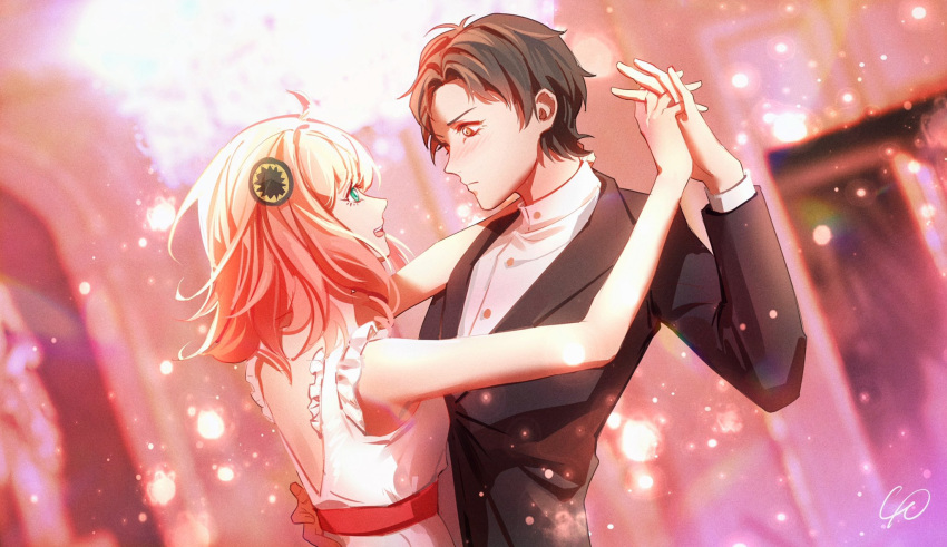 1boy, 1girl, anya_(spy_x_family), aqua_eyes, arm_around_neck, backless_dress, backless_outfit, black_hair