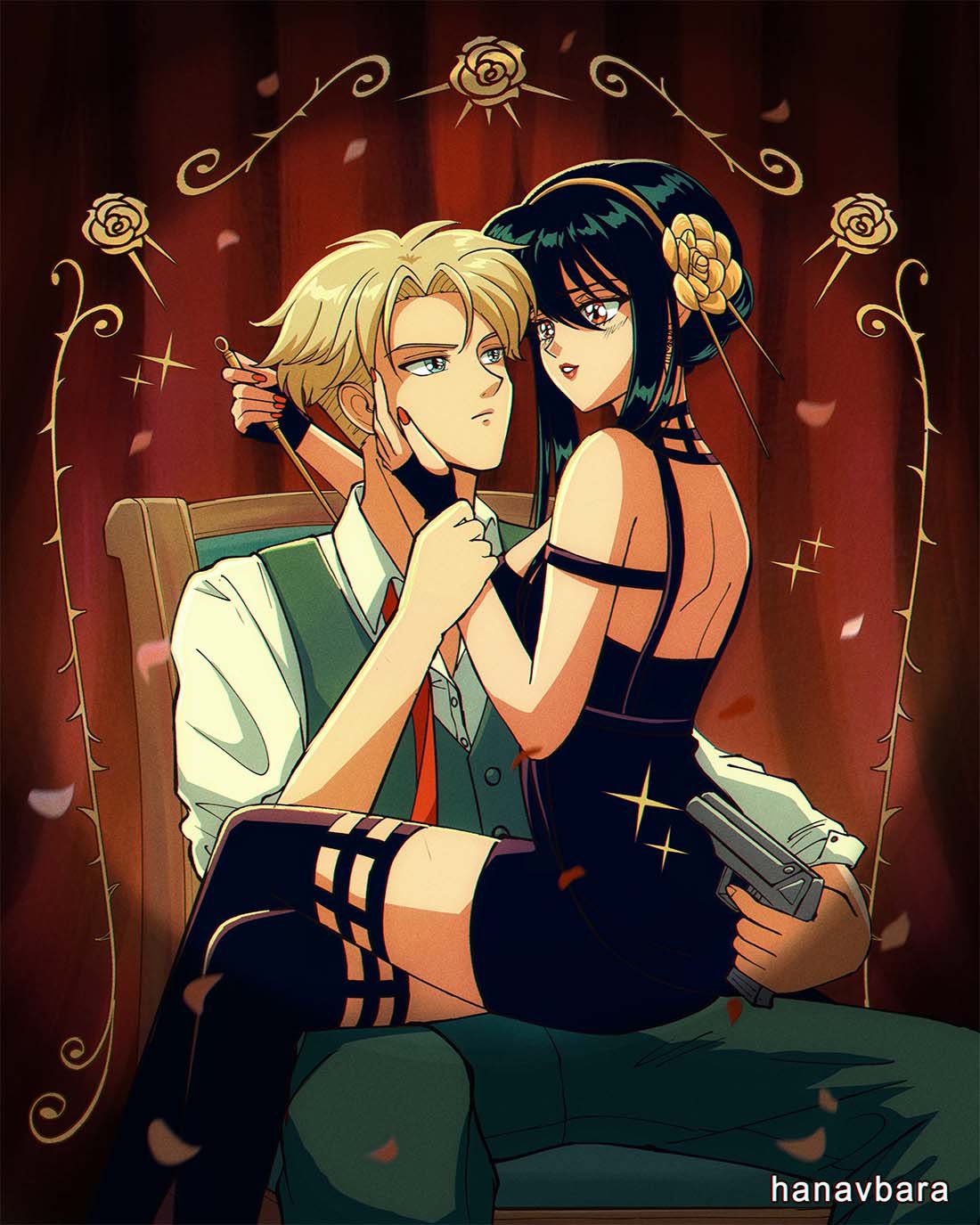 1990s_(style), 1boy, 1girl, artist_name, black_dress, black_hair, blonde_hair, blue_eyes