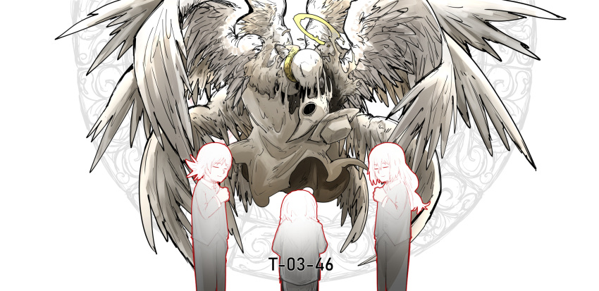 3others, closed_eyes, employee_(lobotomy_corporation), falling, feathered_wings, fetus, glyph, halo