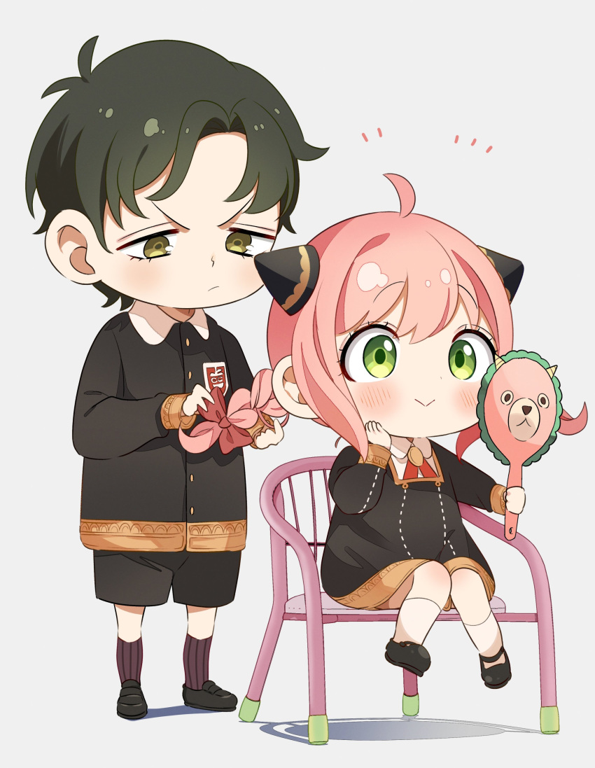 1boy, 1girl, :>, :/, absurdres, adjusting_another's_hair, alternate_hairstyle, anya_(spy_x_family)