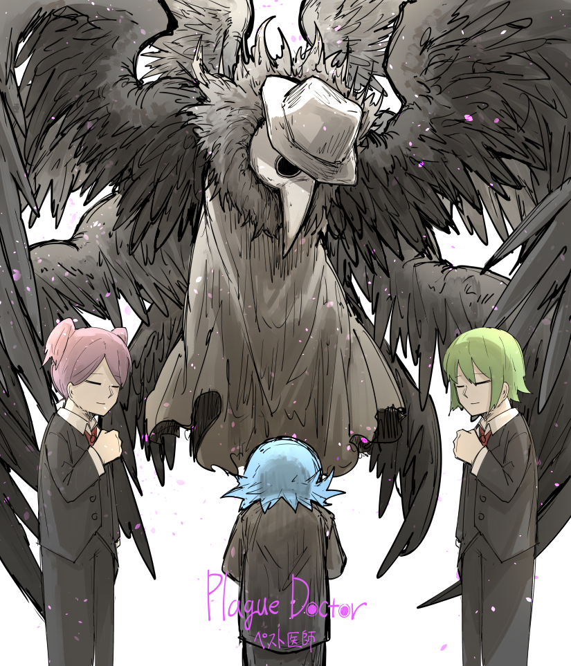 4others, black_suit, black_wings, blue_hair, character_name, closed_eyes, employee_(lobotomy_corporation), fedora