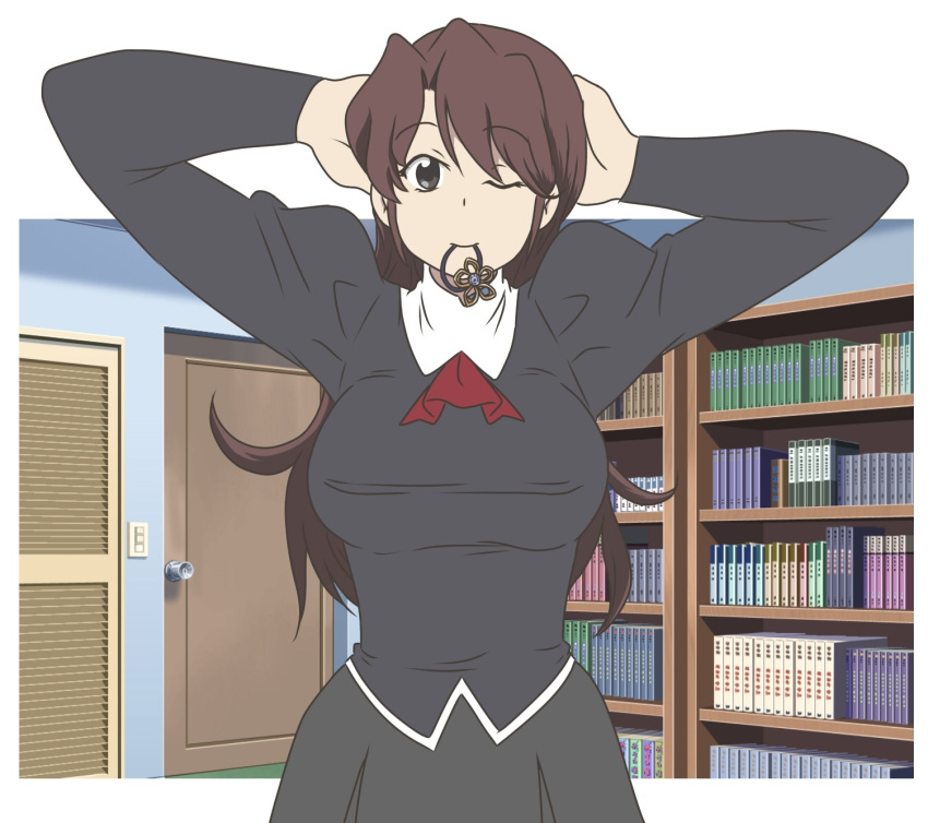 1girl, adjusting_hair, agent_aika, aika_(series), arms_up, ascot, bangs, black_delmo