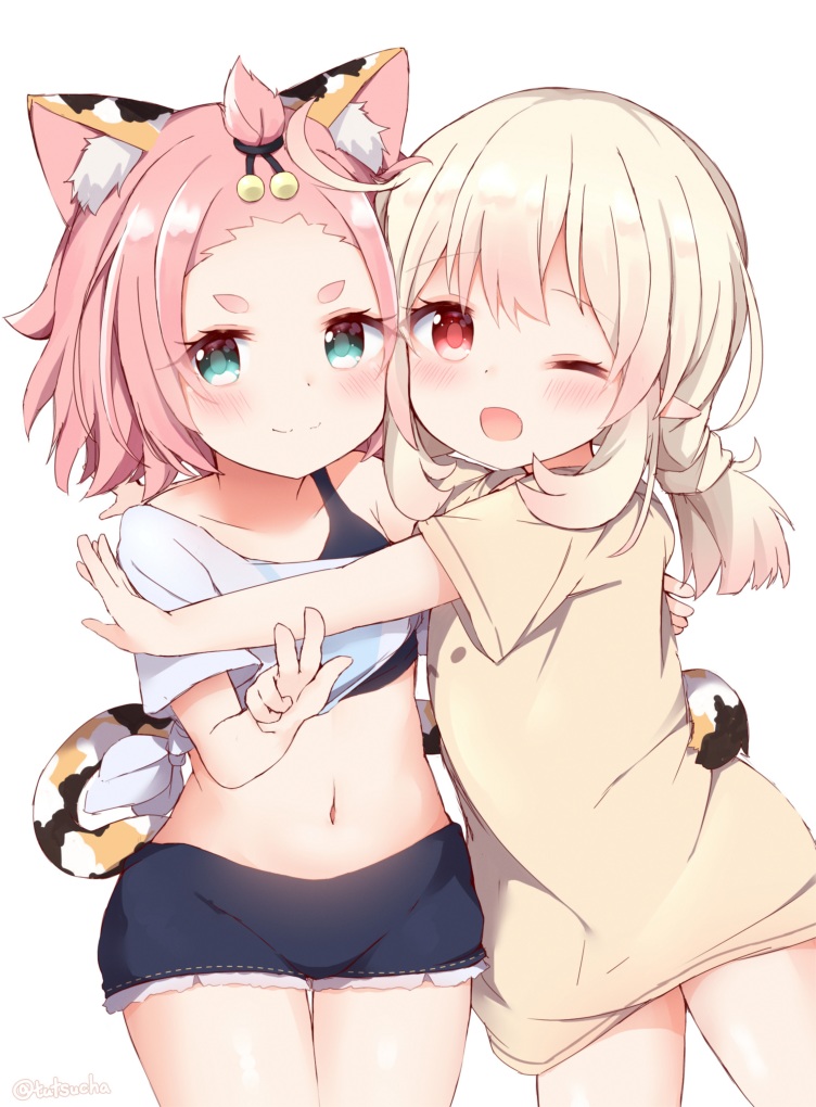 2girls, :o, animal_ear_fluff, animal_ears, aqua_eyes, bangs, bangs_pinned_back, blonde_hair, blue_shorts, blush, cat_ears, cat_girl, cat_tail, cowboy_shot, crop_top, diona_(genshin_impact), eyebrows_visible_through_hair, eyes_visible_through_hair, genshin_impact, klee_(genshin_impact), light_brown_shirt, looking_at_viewer, medium_hair, multiple_girls, navel, one_eye_closed, pink_hair, red_eyes, short_shorts, short_sleeves, shorts, simple_background, smile, tail, tail_hug, thick_eyebrows, tutsucha_illust, twitter_username, v, white_background