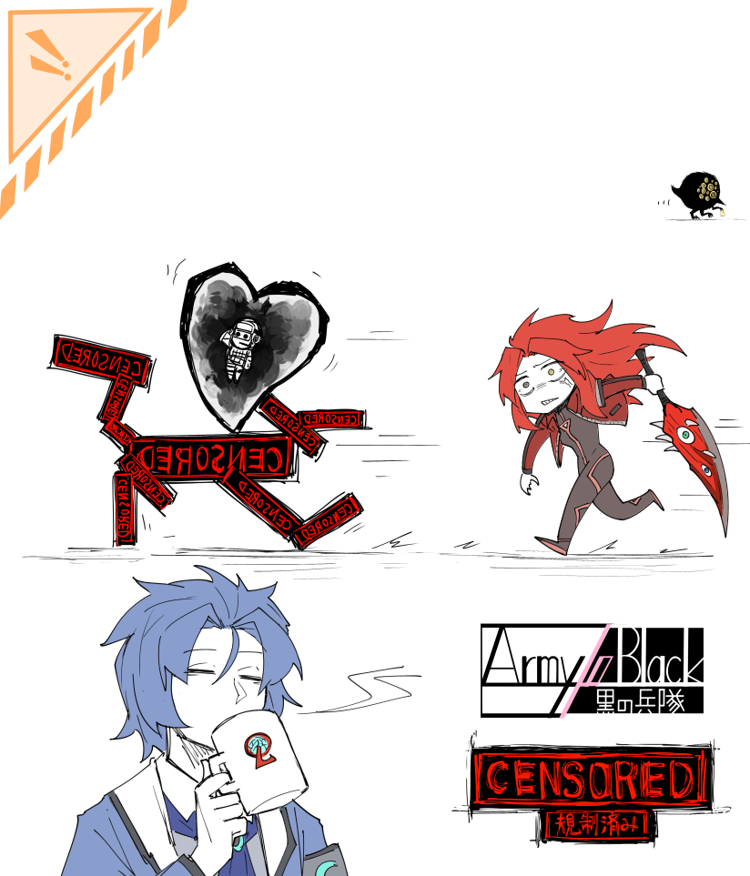 1boy, 1girl, angry, armband, army_in_black, bags_under_eyes, big_bird_(lobotomy_corporation), blue_hair, blue_jacket, censored_(lobotomy_corporation), chesed_(project_moon), closed_eyes, cup, drinking, e.g.o_(project_moon), extra_eyes, formal, gebura_(project_moon), holding, holding_sword, holding_weapon, jacket, kan_(aaaaari35), lobotomy_corporation, long_hair, non-web_source, project_moon, red_eyes, redhead, running, shirt, sketch, suit, sword, triangle_mouth, weapon, white_shirt