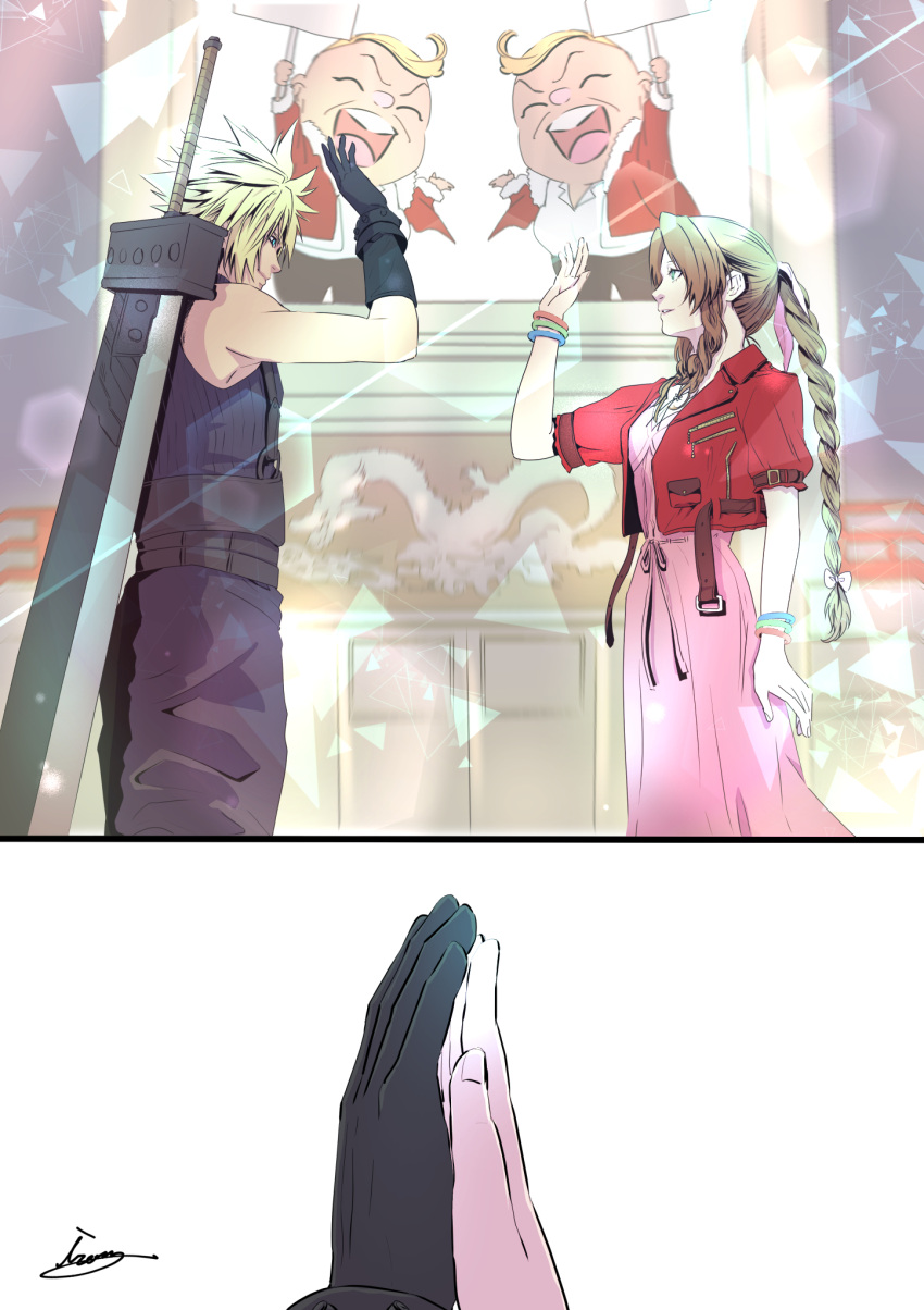 1girl, 2boys, aerith_gainsborough, bangs, belt, blonde_hair, blue_eyes, blue_pants, blue_shirt, bracelet, braid, braided_ponytail, breasts, buster_shirt, chibi, closed_eyes, cloud_strife, cropped_jacket, don_corneo, dragon, dress, final_fantasy, final_fantasy_vii, final_fantasy_vii_remake, fur_trim, gloves, green_eyes, hair_between_eyes, hair_ribbon, high_five, highres, holding, holding_sign, jacket, jewelry, long_dress, long_hair, medium_breasts, moriiiiiiiiiinn, multiple_belts, multiple_boys, open_mouth, pants, parted_bangs, parted_lips, pink_dress, red_jacket, ribbon, shirt, short_hair, short_sleeves, sidelocks, sign, sleeveless, sleeveless_turtleneck, smile, spiky_hair, suspenders, teeth, turtleneck, upper_body, upper_teeth, wavy_hair, weapon, weapon_on_back, white_shirt