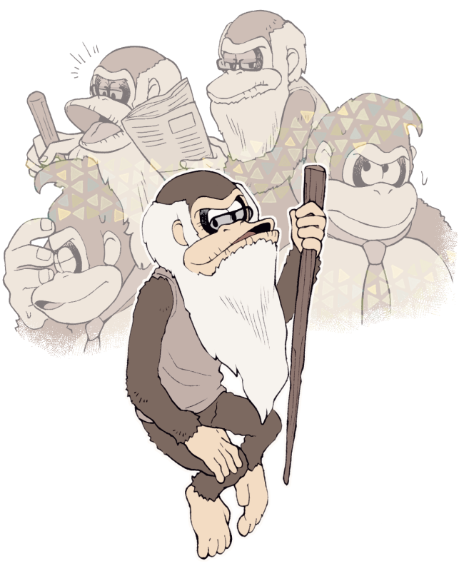 2boys, beard, cane, cranky_kong, donkey_kong, donkey_kong_(series), eyewear_on_head, facial_hair, minashirazu, multiple_boys, necktie, no_humans, old, shirt, sleeveless, sleeveless_shirt
