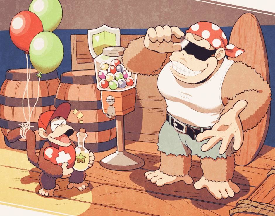 2boys, balloon, barrel, belt, closed_mouth, crate, diddy_kong, donkey_kong_(series)