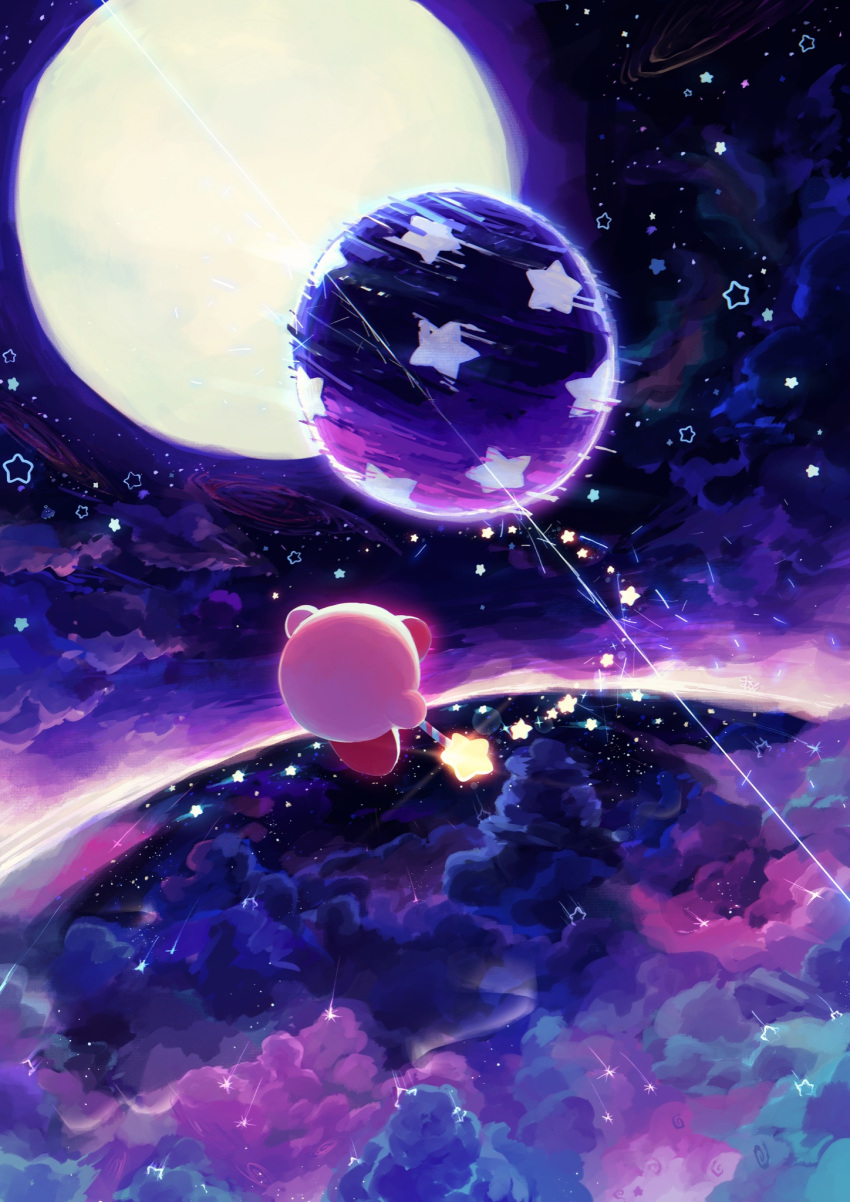 above_clouds, clouds, fighting, full_moon, highres, in_orbit, kirby, kirby's_adventure