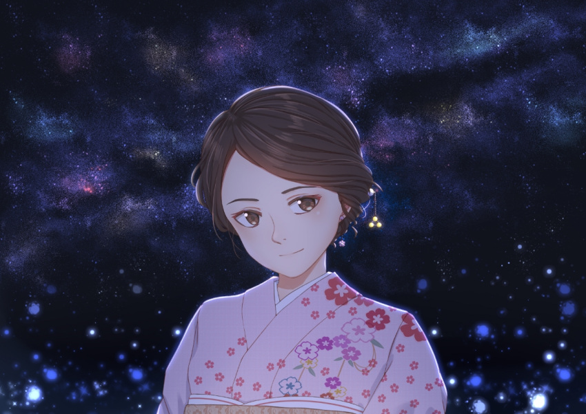 1girl, brown_eyes, brown_hair, di_qiu_wang_shi, earrings, floral_print, japanese_clothes, jewelry