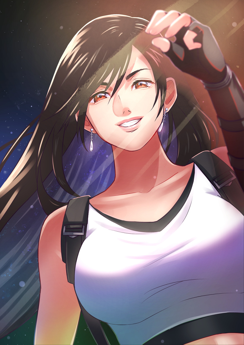 1girl, asymmetrical_bangs, bangs, black_hair, breasts, earrings, final_fantasy, final_fantasy_vii