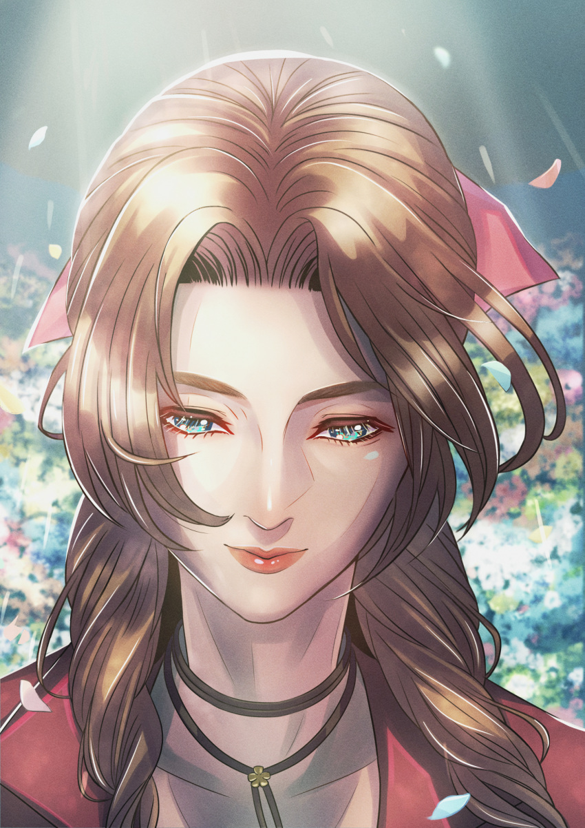 1girl, aerith_gainsborough, bangs, brown_hair, choker, face, falling_petals, final_fantasy