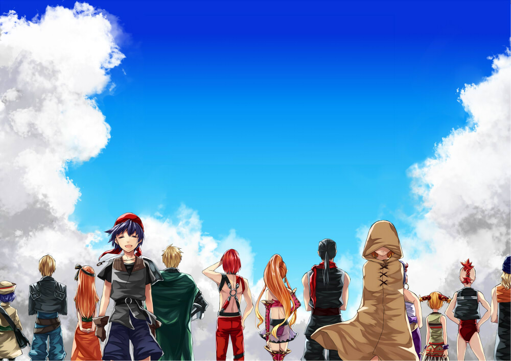 5girls, armor, arms_behind_back, bandana, bare_arms, beanie, black_hair, black_shirt