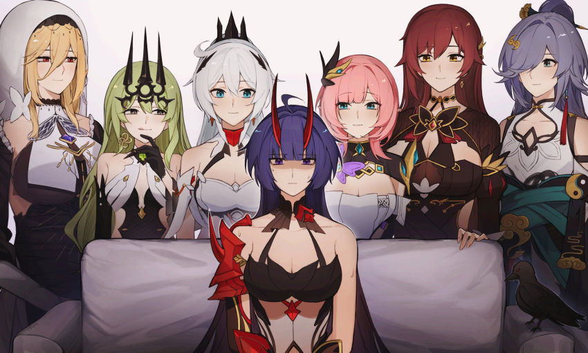 6+girls, aponia_(honkai_impact), armor, bare_shoulders, china_dress, chinese_clothes, couch, dress, eden_(honkai_impact), elysia_(honkai_impact), fu_hua, fu_hua_(azure_empyrea), hair_ornament, harem, highres, honkai_(series), honkai_impact_3rd, horns, japanese_armor, kiana_kaslana, kiana_kaslana_(herrscher_of_flamescion), long_hair, meme, mobius_(honkai_impact), multiple_girls, piper_perri_surrounded_(meme), ponytail, quanx70909457, raiden_mei, raiden_mei_(herrscher_of_thunder), sitting, smile