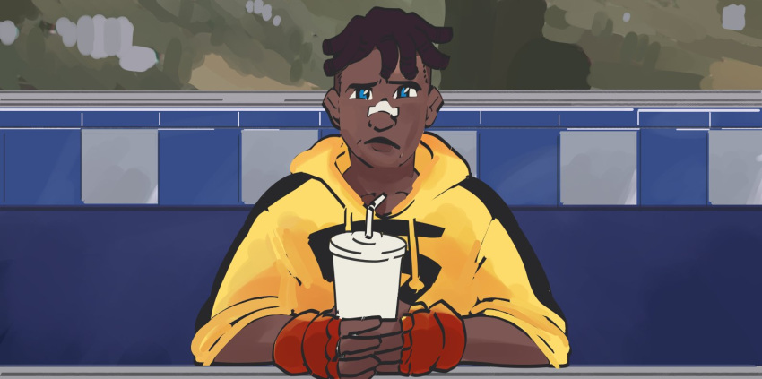 1boy, bandage_on_face, bandages, black_hair, blonde_hair, blue_eyes, dark-skinned_male, dark_skin, dreadlocks, eating, hood, hoodie, jigboi, looking_at_viewer, marvel, miles_morales, parody, sean_matsuda, soda, spider-man:_into_the_spider-verse, spider-man_(series), street_fighter, street_fighter_6, yellow_hoodie
