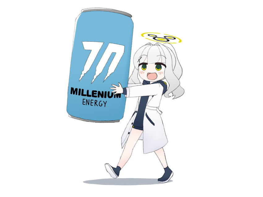 1girl, bangs, blue_archive, blue_hoodie, blush, brand_name_imitation, can, green_eyes