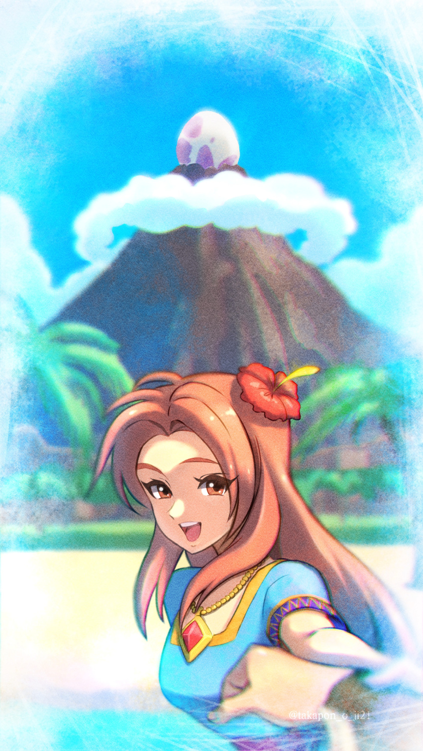1girl, absurdres, beach, blue_dress, blue_sky, brown_eyes, brown_hair, clouds