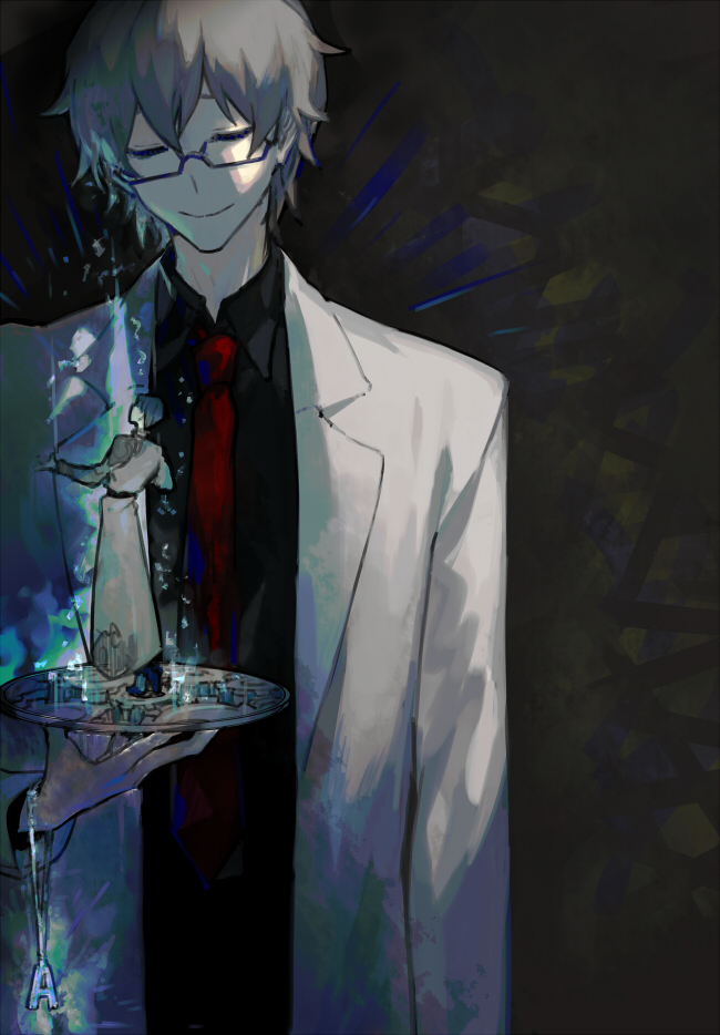 1boy, benjamin_(project_moon), black_shirt, closed_eyes, coat, gears, glasses, hokma_(project_moon)