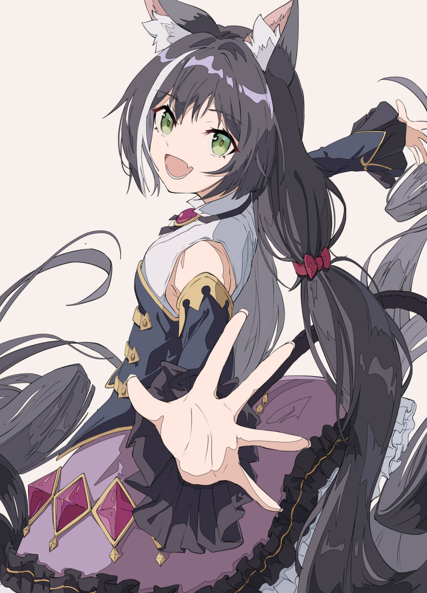 1girl, absurdres, animal_ear_fluff, animal_ears, bangs, black_hair, brooch, brown_background