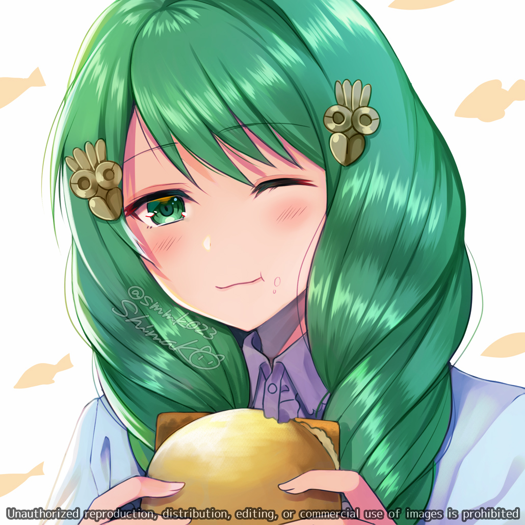 1girl, bangs, closed_mouth, collared_shirt, drill_hair, eating, fire_emblem, fire_emblem:_three_houses, fish_burger, flayn_(fire_emblem), green_eyes, green_hair, hair_ornament, hairclip, long_hair, looking_at_viewer, one_eye_closed, shimako_(smk023), shirt, solo, upper_body