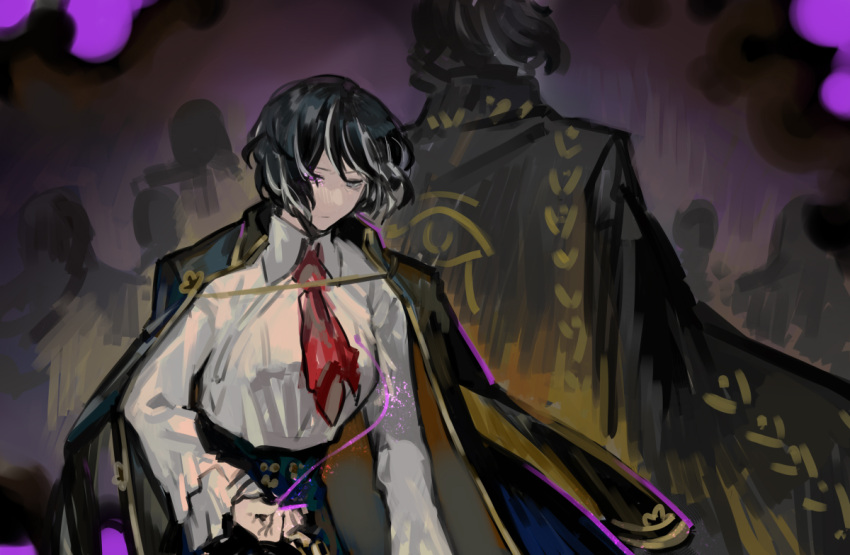 1girl, back_turned, black_hair, black_jacket, coat, coat_on_shoulders, dias_(the_distortion_detective), figure