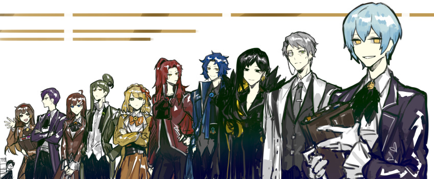 5boys, 6+girls, angela_(project_moon), binah_(project_moon), black_eyes, blonde_hair, blue_hair, book, brown_coat, brown_eyes, brown_hair, chesed_(project_moon), coat, earrings, gebura_(project_moon), green_eyes, green_hair, highres, hod_(project_moon), hokma_(project_moon), holding, holding_book, jewelry, library_of_ruina, long_hair, malkuth_(project_moon), medium_hair, monocle, multiple_boys, multiple_girls, netzach_(project_moon), nishikujic, orange_eyes, ponytail, project_moon, purple_coat, purple_hair, red_ribbon, ribbon, roland_(library_of_ruina), scar, short_hair, tiphereth_a_(project_moon), violet_eyes, white_hair, yesod_(project_moon)