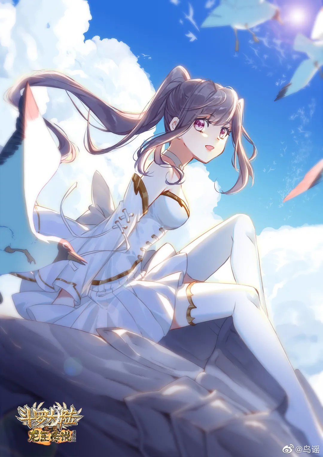 1girl, bare_shoulders, bart._d, bird, black_hair, blue_sky, choker, clouds