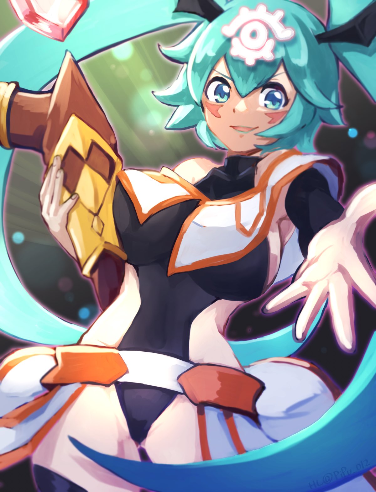 1girl, belt, black_bodysuit, black_legwear, blue_eyes, blue_hair, blush_stickers, bodysuit