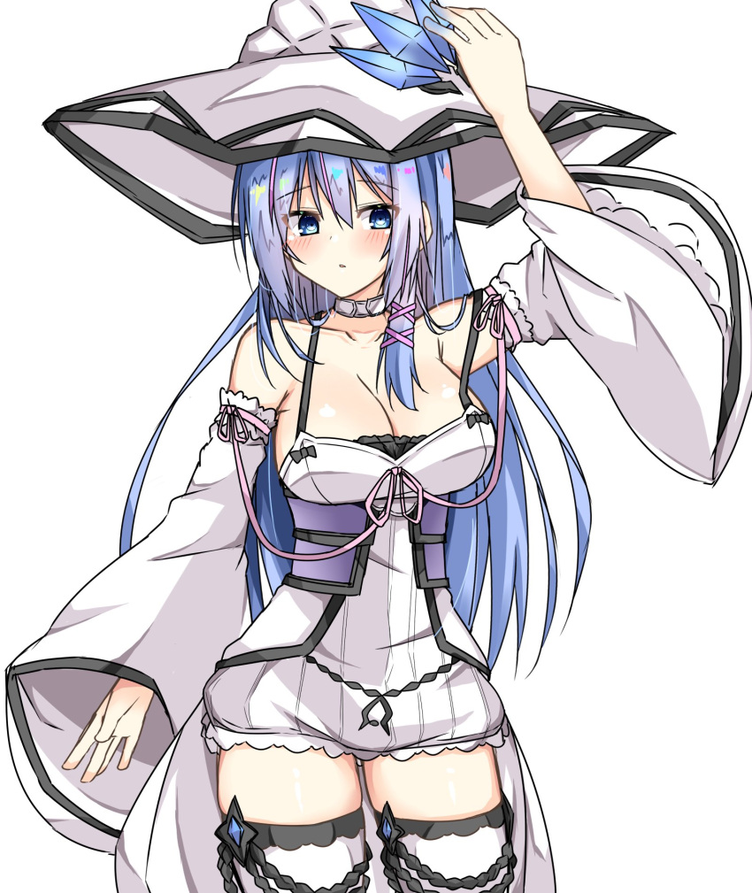 1girl, arm_up, blue_eyes, blue_hair, blush, breasts, dot_nose, hat