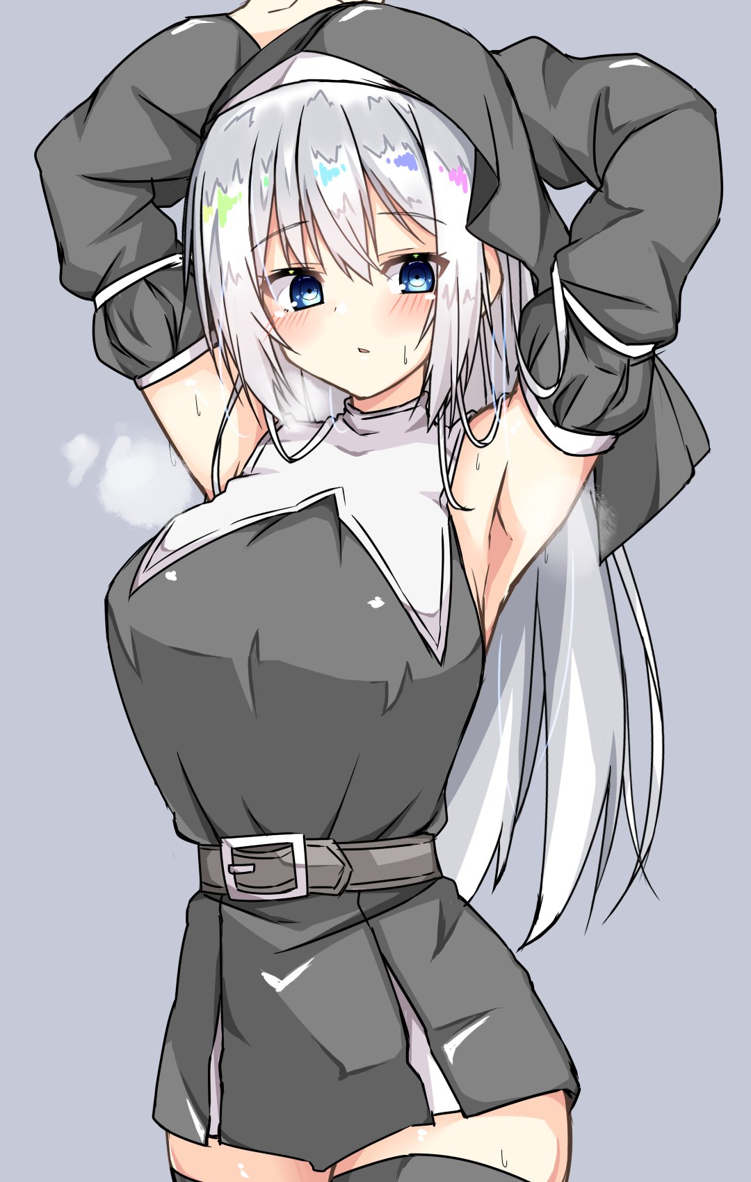 1girl, arms_up, blue_eyes, blush, character_request, copyright_request, dot_nose, grey_hair