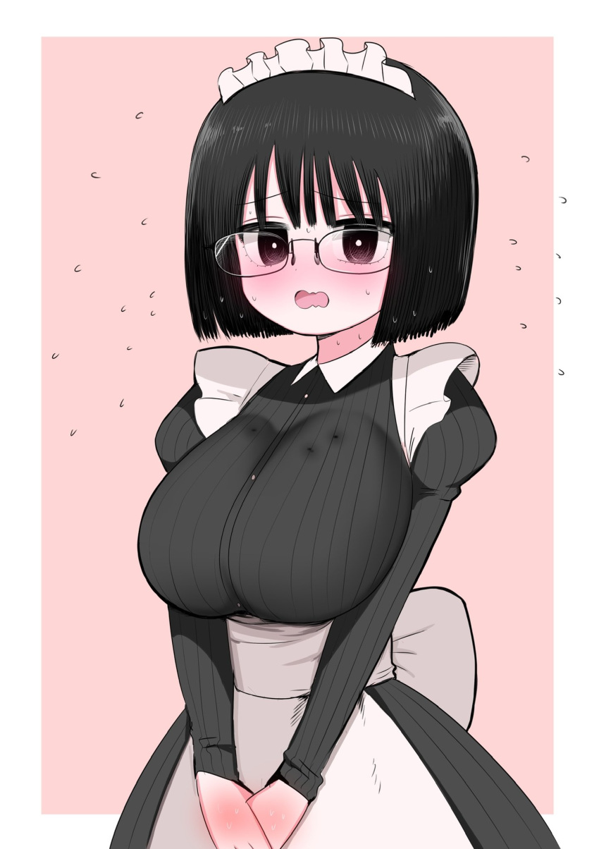 1girl, apron, blush, bob_cut, breasts, flying_sweatdrops, glasses, highres, huge_breasts, maid, maid_apron, maid_headdress, original, own_hands_together, sweat, sweating_profusely, zurikishi