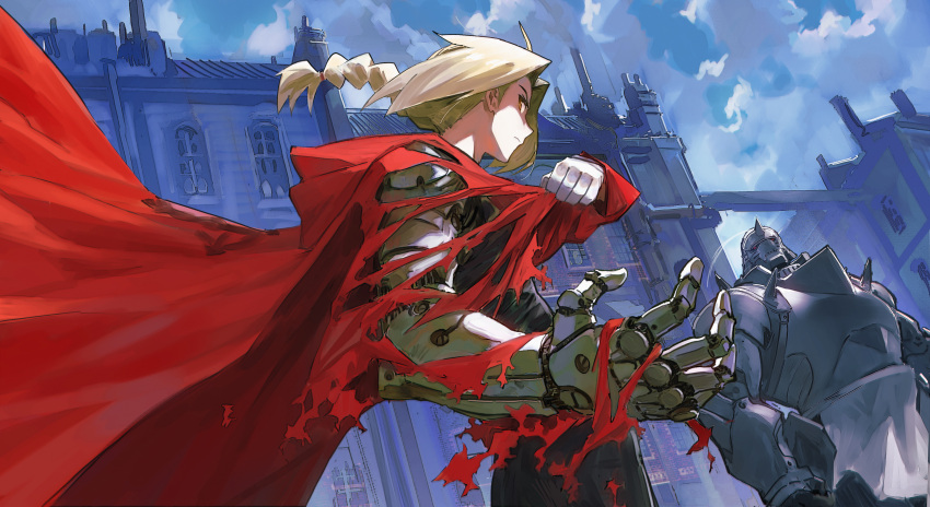 1boy, 1other, absurdres, ahoge, alphonse_elric, armor, automail, blonde_hair