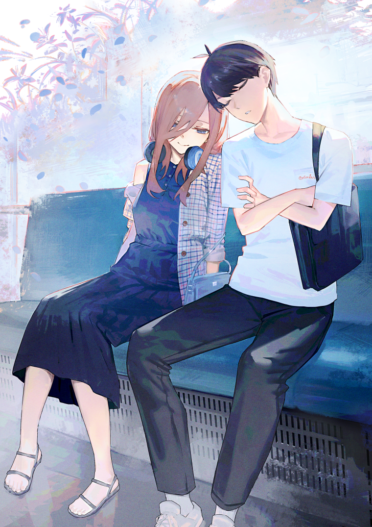 1boy, 1girl, bag, black_dress, black_hair, black_pants, blue_eyes, brown_hair, closed_eyes, commentary_request, couple, crossed_arms, dress, go-toubun_no_hanayome, handbag, hetero, jacket, komari_dame, long_hair, nakano_miku, pants, plaid, plaid_jacket, shirt, shoes, short_hair, sitting, sleeping, sneakers, uesugi_fuutarou, white_footwear, white_shirt