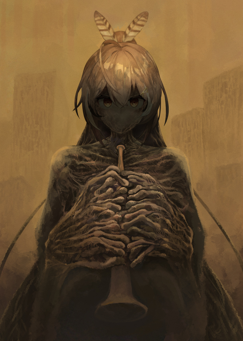 1girl, ahoge, brown_eyes, brown_hair, derivative_work, eldritch_abomination, english_commentary, feather_hair_ornament
