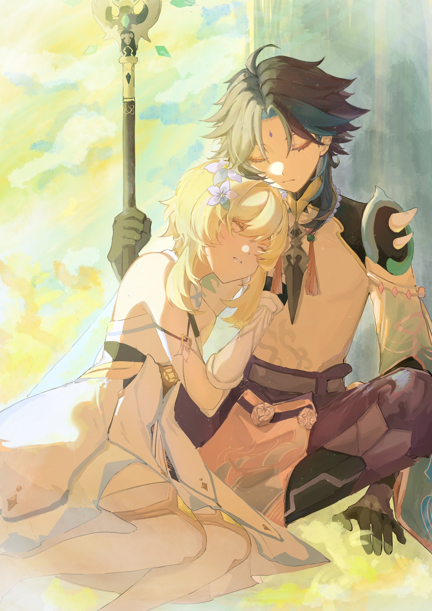 1boy, 1girl, bangs, bead_necklace, beads, black_hair, blonde_hair, blue_hair