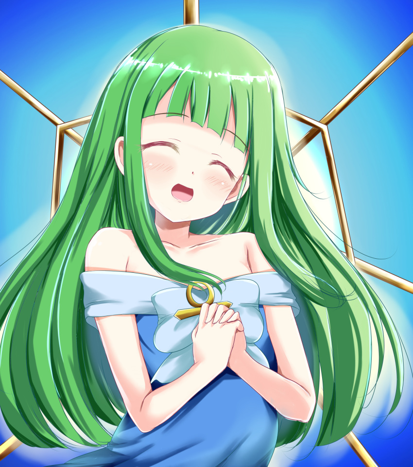 1girl, andrew_(duel_angel), ankh, bangs, bare_shoulders, blue_dress, blush, breasts