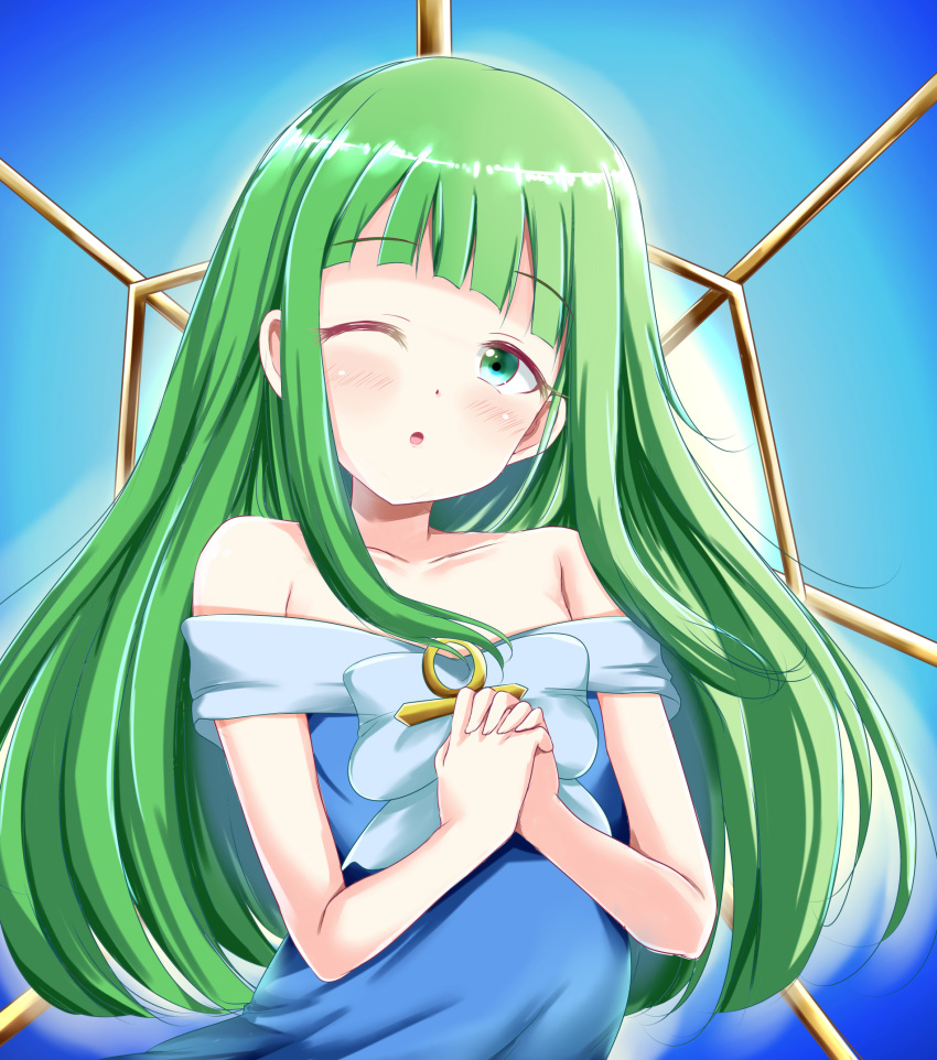 1girl, andrew_(duel_angel), ankh, bangs, bare_shoulders, blue_dress, blush, breasts