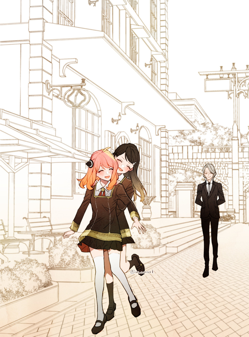 3girls, ^_^, ^o^, absurdres, anya_(spy_x_family), becky_blackbell, black_dress, black_shirt, blush, brick_floor, closed_eyes, cone_hair_bun, dress, eden_academy_uniform, formal, full_body, hair_bun, highres, hinamori_(m_nmy01), martha_marriott, monochrome, multiple_girls, old, old_woman, older, pleated_skirt, road, school_uniform, sepia, shirt, skirt, smile, spot_color, spy_x_family, street, suit, thigh-highs, white_legwear