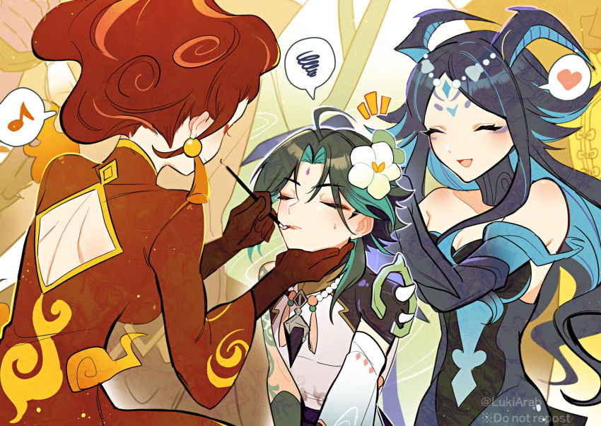 2girls, 3boys, ahoge, applying_makeup, aqua_hair, armor, asymmetrical_sleeves, bangs, bare_shoulders, bead_necklace, beads, black_gloves, blue_hair, blush, bonanus_(genshin_impact), bosacius_(genshin_impact), closed_mouth, commentary_request, detached_sleeves, earrings, facial_mark, fiery_hair, flower, forehead_mark, genshin_impact, gloves, hair_flower, hair_ornament, heart, highres, holding, holding_brush, horns, indarias_(genshin_impact), jewelry, lips, long_hair, lukiarab, menogias_(genshin_impact), multiple_boys, multiple_girls, musical_note, necklace, notice_lines, open_mouth, redhead, shiny, shiny_hair, shoulder_armor, shoulder_blades, sidelocks, spiked_armor, spoken_heart, spoken_musical_note, spoken_squiggle, squiggle, sweatdrop, tassel, tassel_earrings, wide_sleeves, xiao_(genshin_impact)
